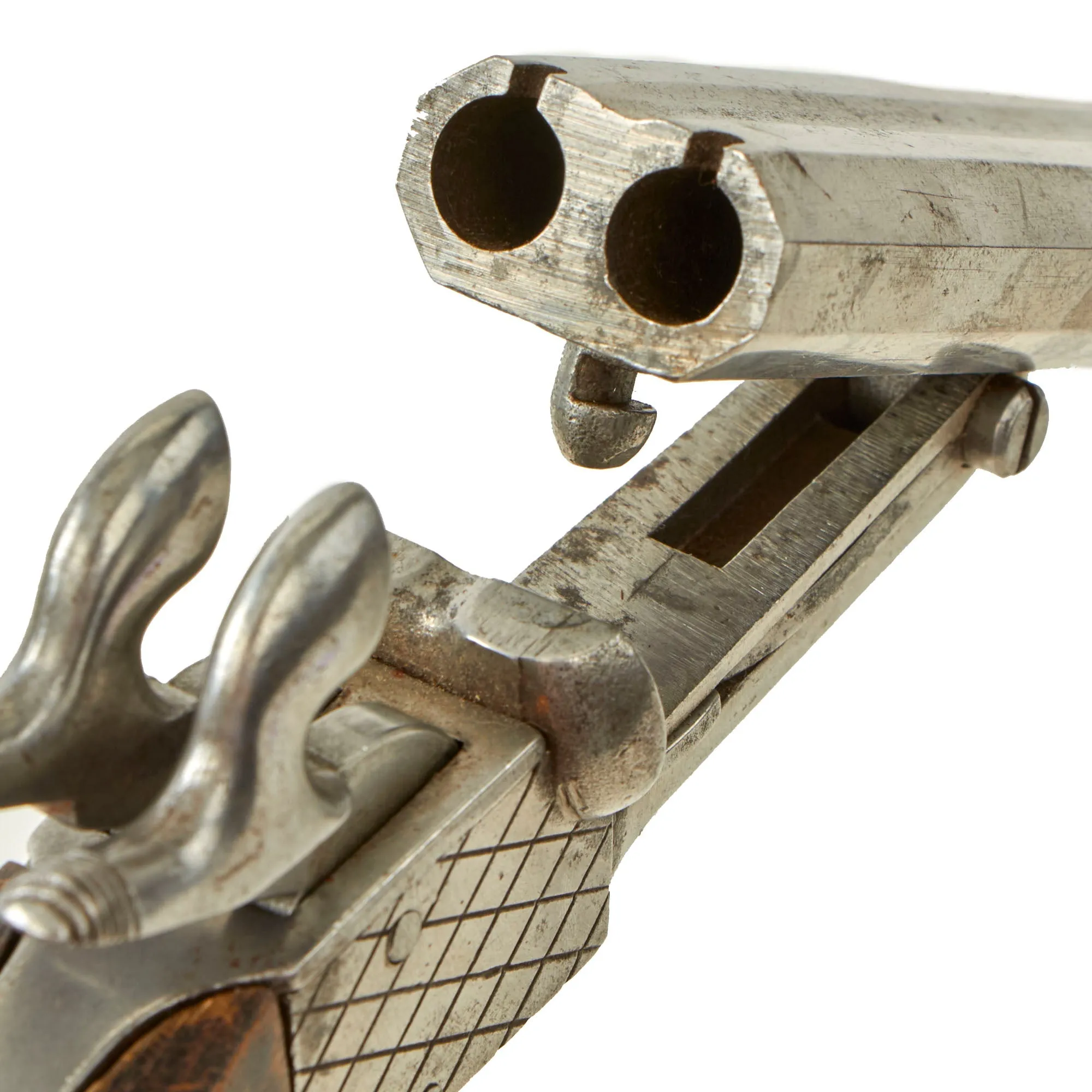 Original U.S. Civil War Era Belgian 10mm Pinfire Double Barrel Pistol with Folding Bayonet Circa 1855 - Non-Functional