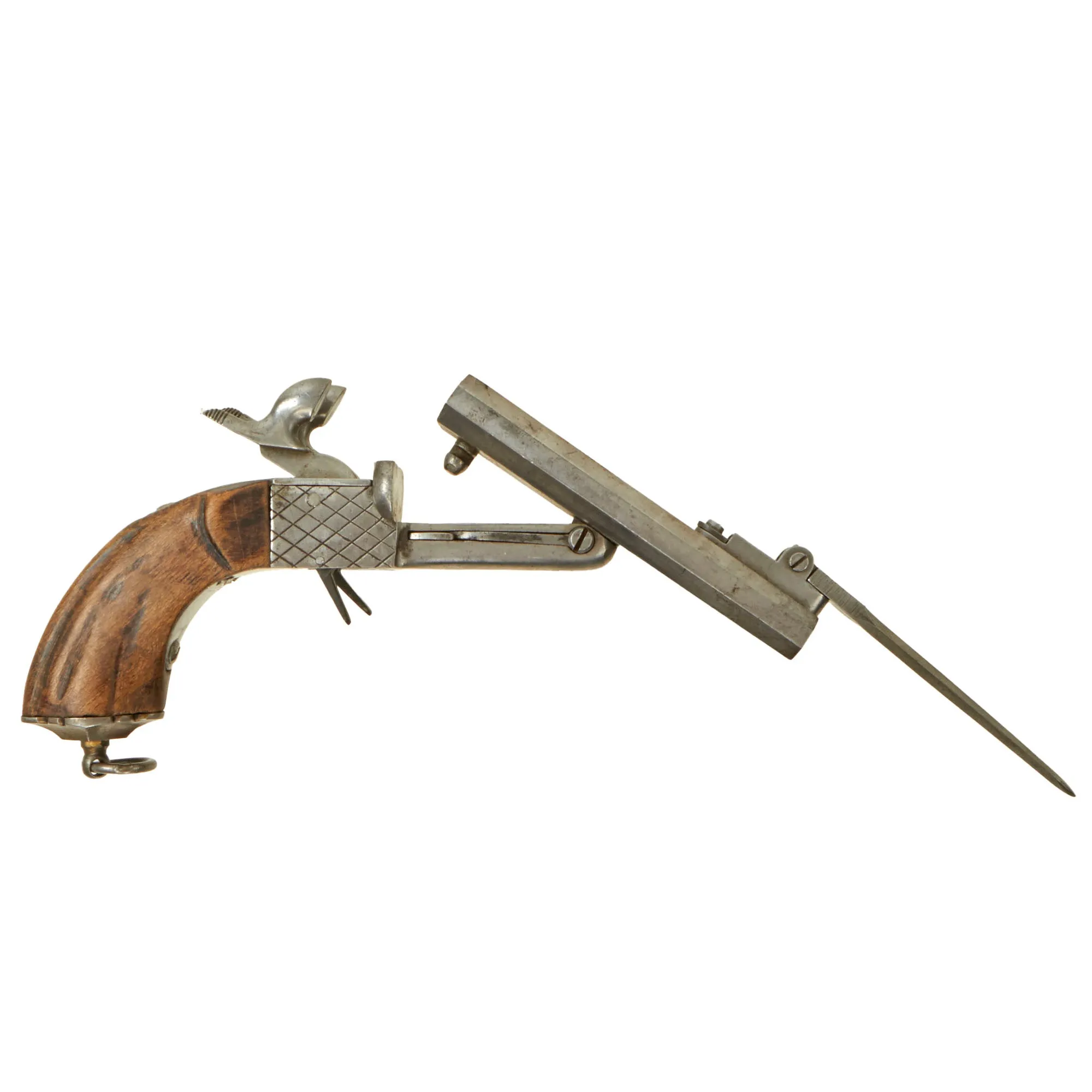 Original U.S. Civil War Era Belgian 10mm Pinfire Double Barrel Pistol with Folding Bayonet Circa 1855 - Non-Functional