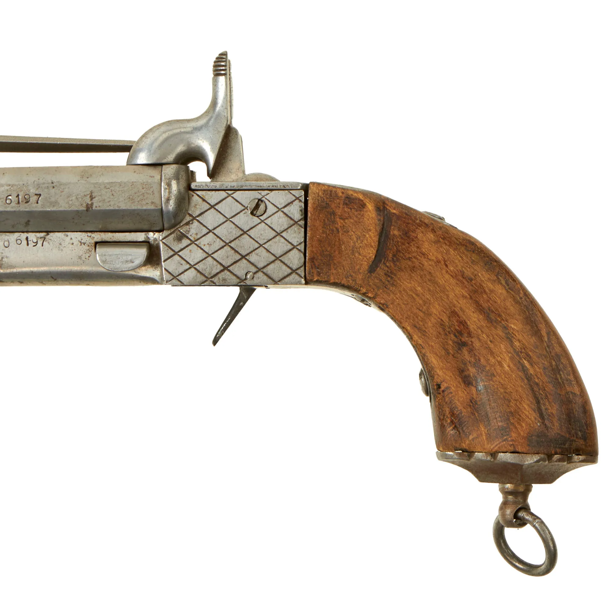 Original U.S. Civil War Era Belgian 10mm Pinfire Double Barrel Pistol with Folding Bayonet Circa 1855 - Non-Functional
