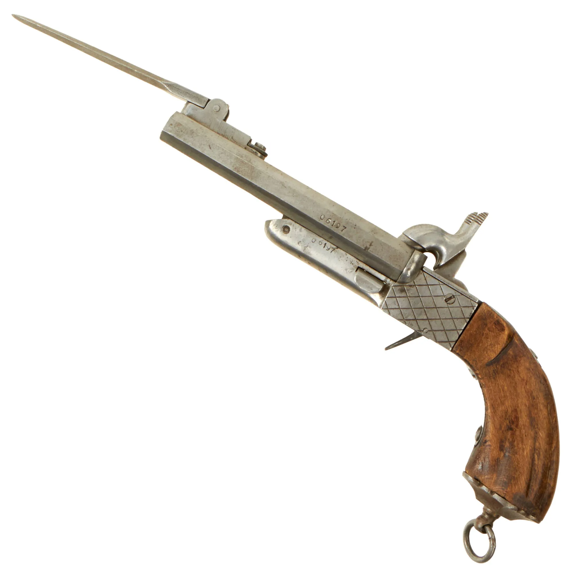 Original U.S. Civil War Era Belgian 10mm Pinfire Double Barrel Pistol with Folding Bayonet Circa 1855 - Non-Functional