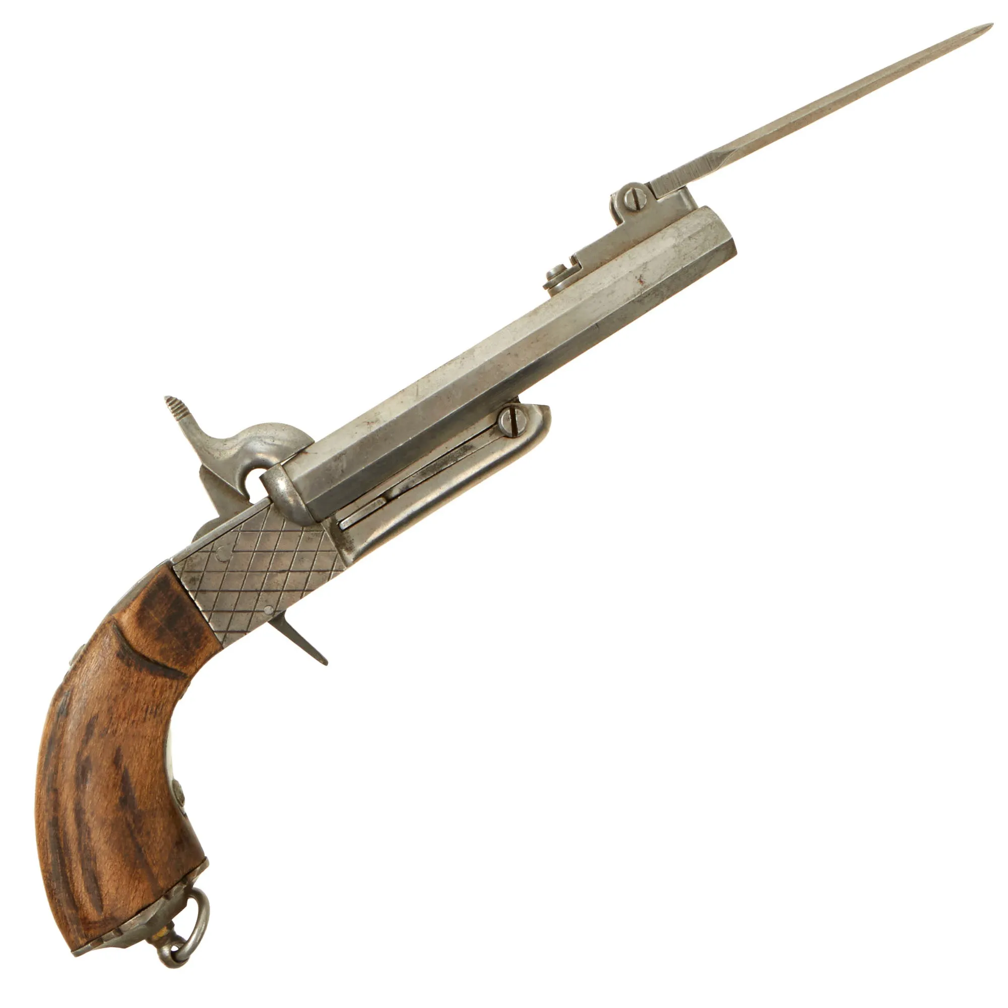 Original U.S. Civil War Era Belgian 10mm Pinfire Double Barrel Pistol with Folding Bayonet Circa 1855 - Non-Functional
