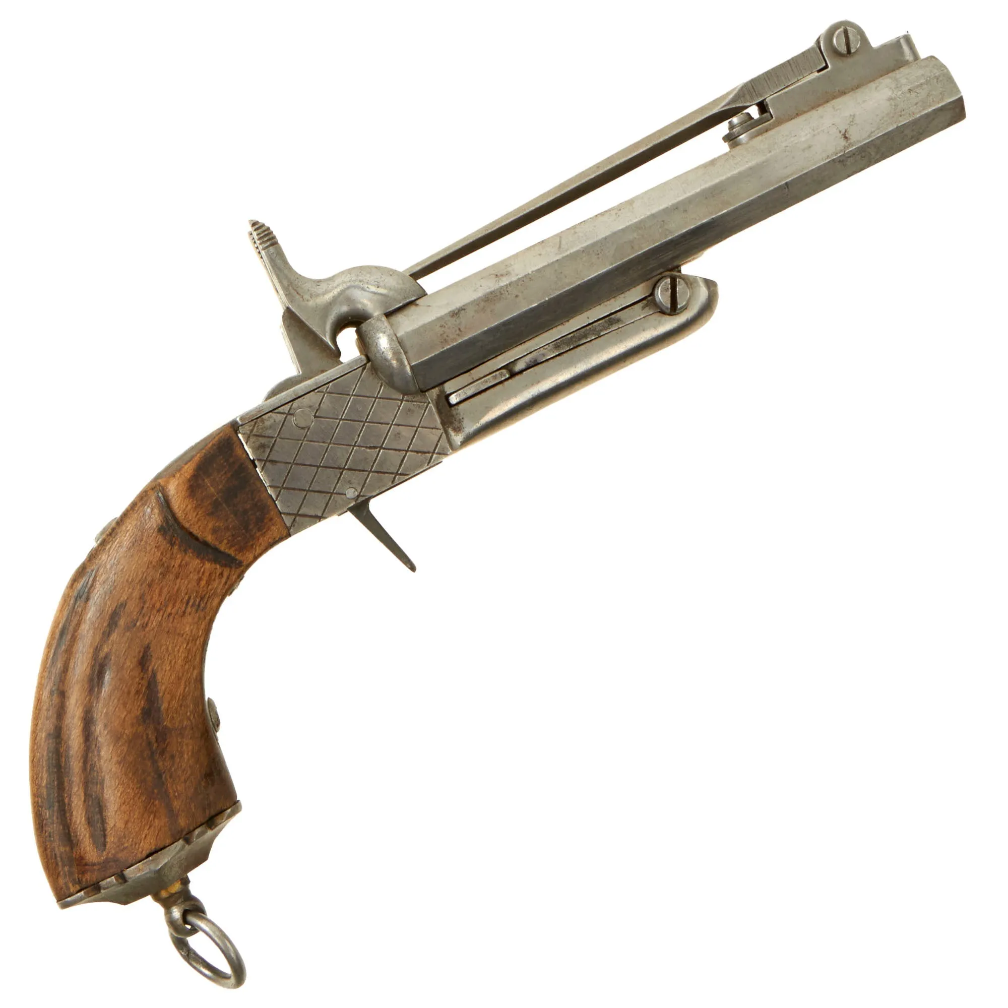 Original U.S. Civil War Era Belgian 10mm Pinfire Double Barrel Pistol with Folding Bayonet Circa 1855 - Non-Functional