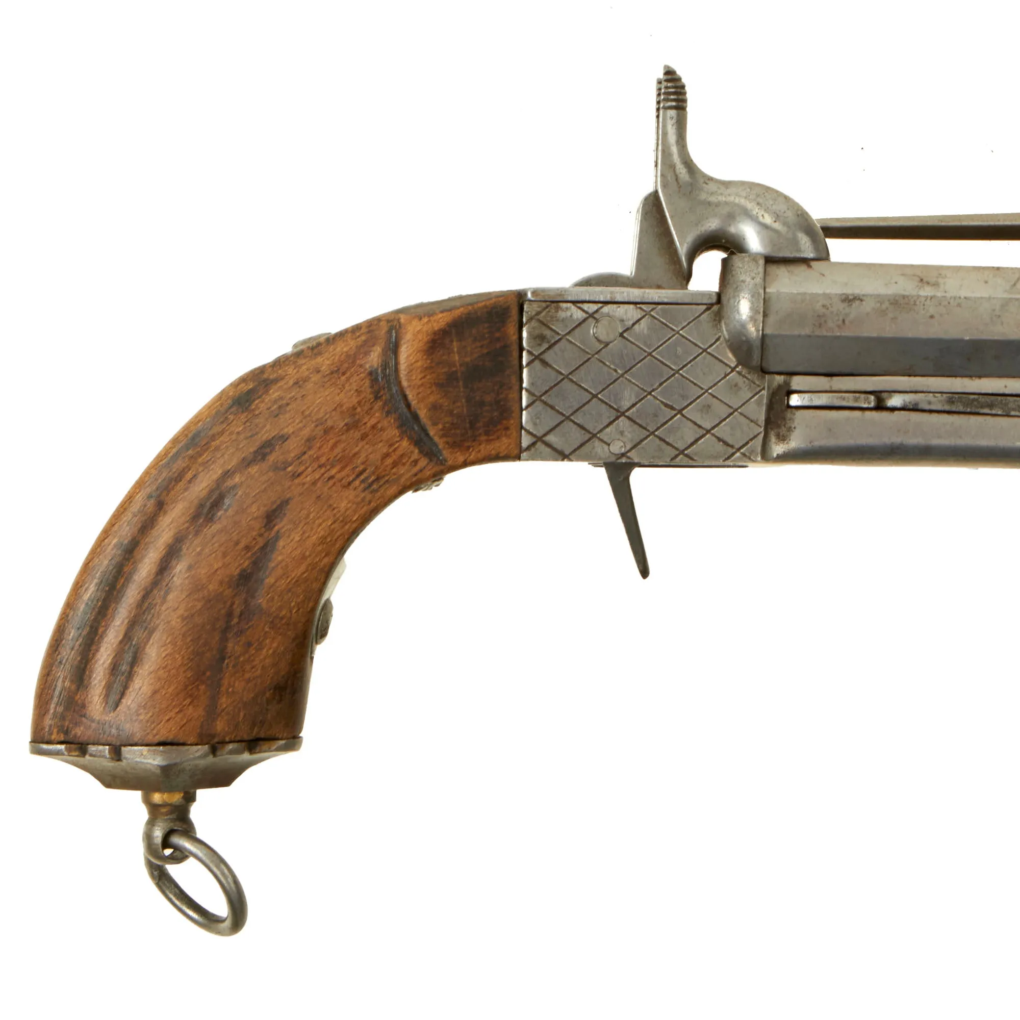Original U.S. Civil War Era Belgian 10mm Pinfire Double Barrel Pistol with Folding Bayonet Circa 1855 - Non-Functional