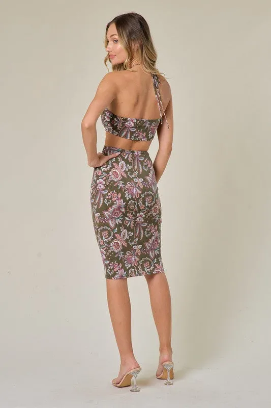 Paisley Print Cut Out Bodycon Dress