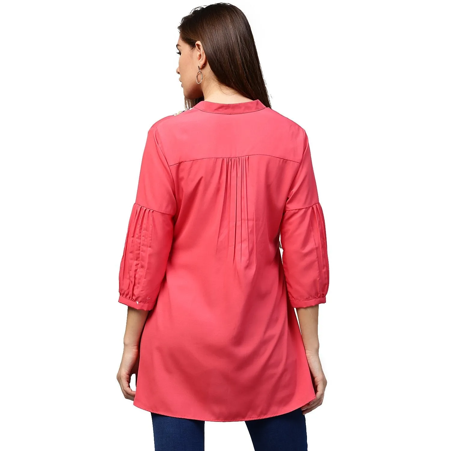 Peach 3/4Th Sleeve Crepe Low High Tunic With Printed Yoke
