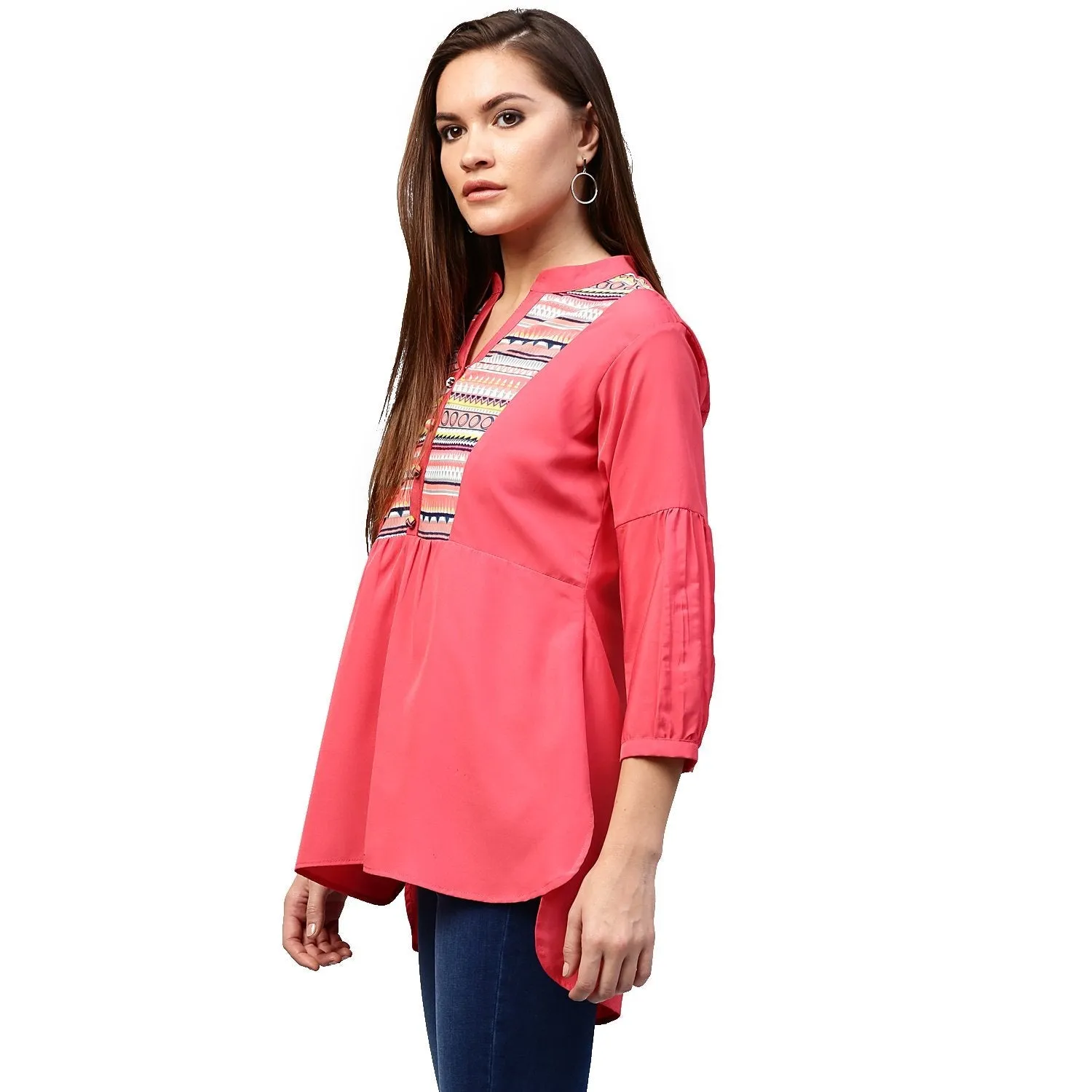 Peach 3/4Th Sleeve Crepe Low High Tunic With Printed Yoke
