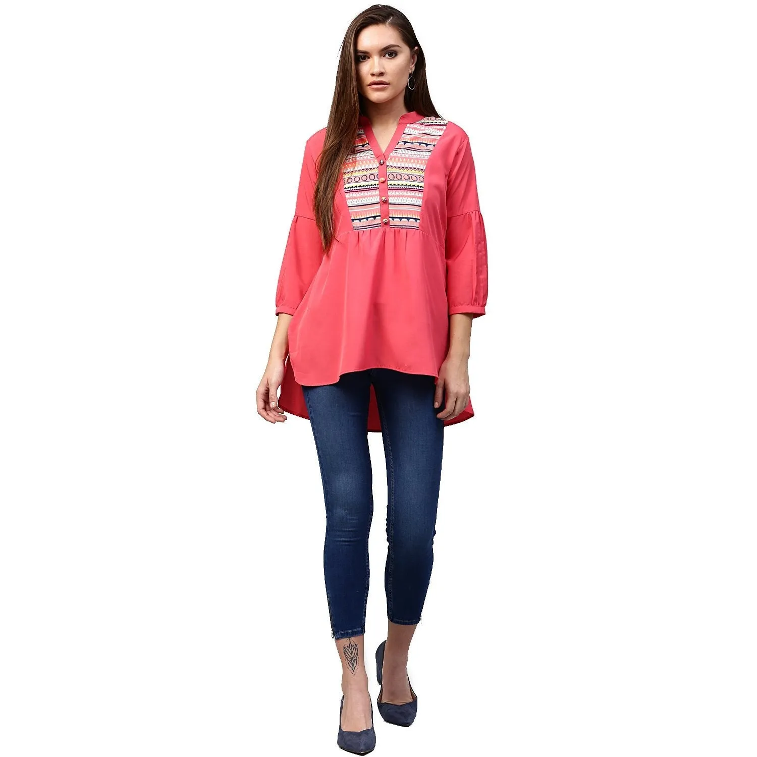 Peach 3/4Th Sleeve Crepe Low High Tunic With Printed Yoke