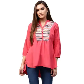 Peach 3/4Th Sleeve Crepe Low High Tunic With Printed Yoke