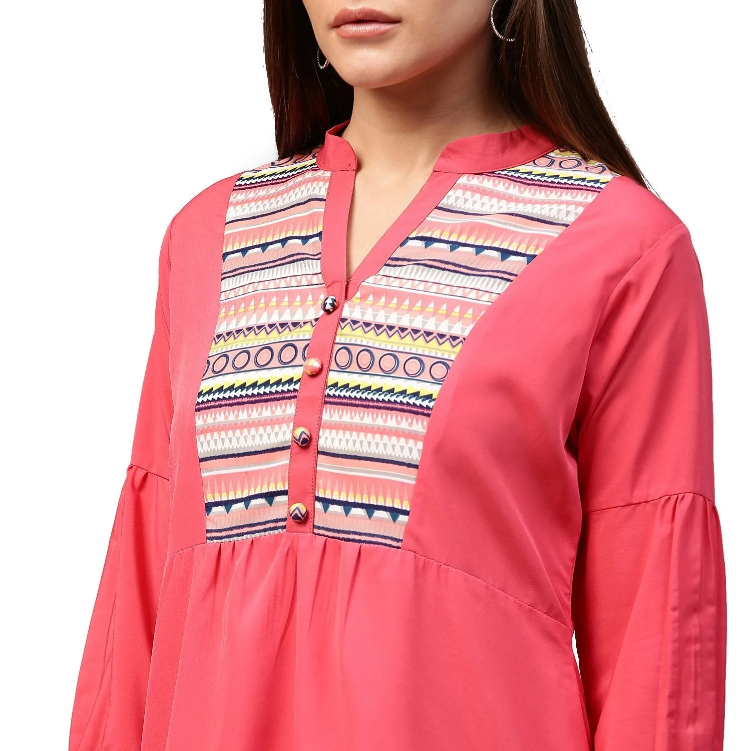Peach 3/4Th Sleeve Crepe Low High Tunic With Printed Yoke