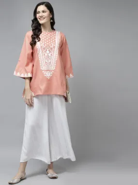 Peach-Coloured & White Printed A-Line Tunic