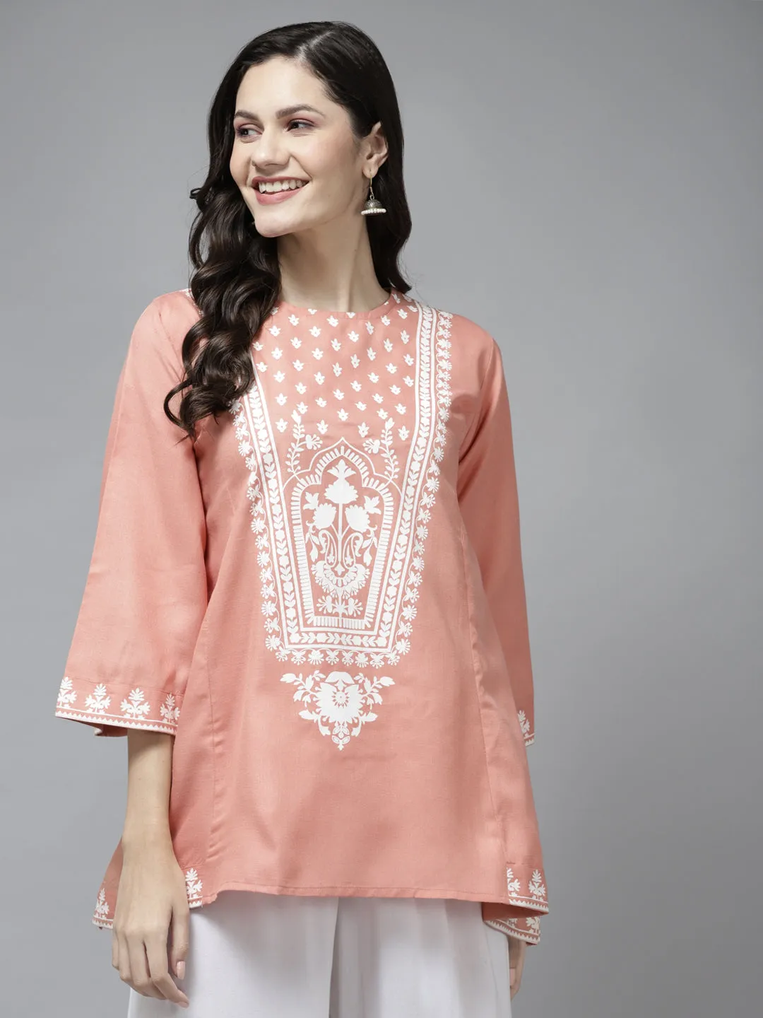 Peach-Coloured & White Printed A-Line Tunic