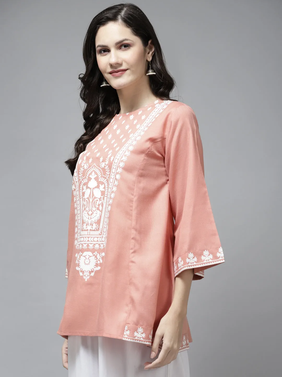 Peach-Coloured & White Printed A-Line Tunic