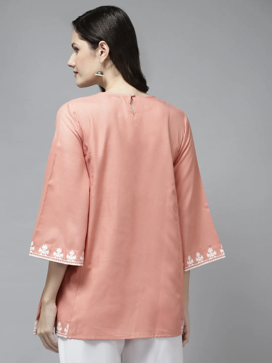 Peach-Coloured & White Printed A-Line Tunic