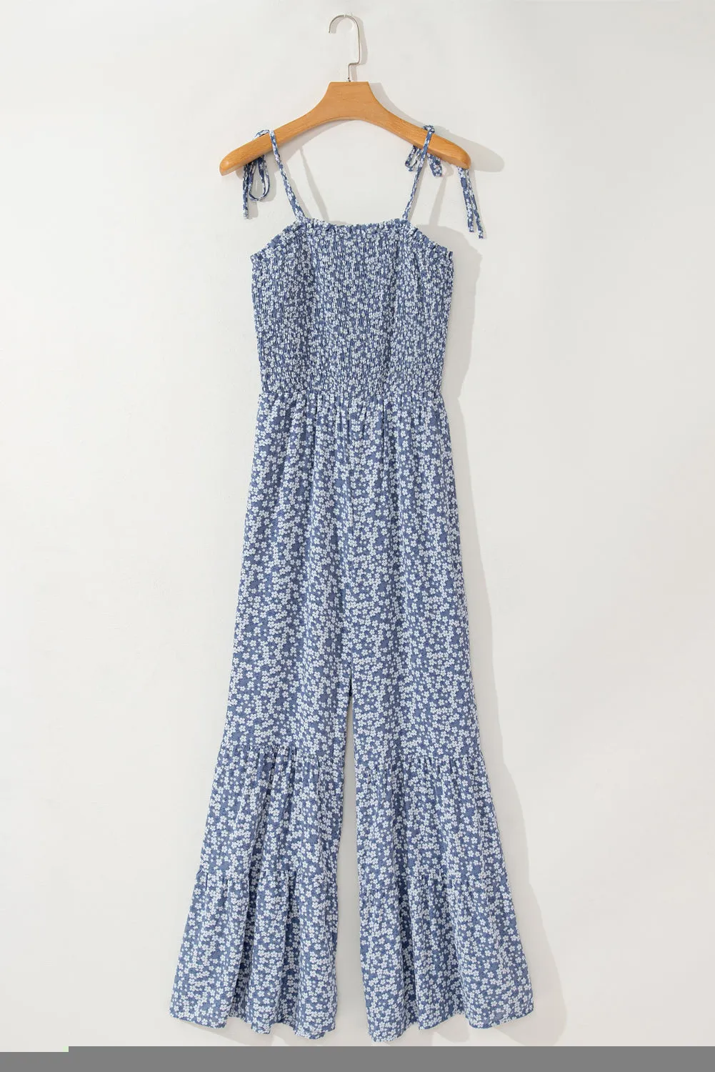Phalaenopsis Thin Straps Smocked Bodice Wide Leg Floral Jumpsuit