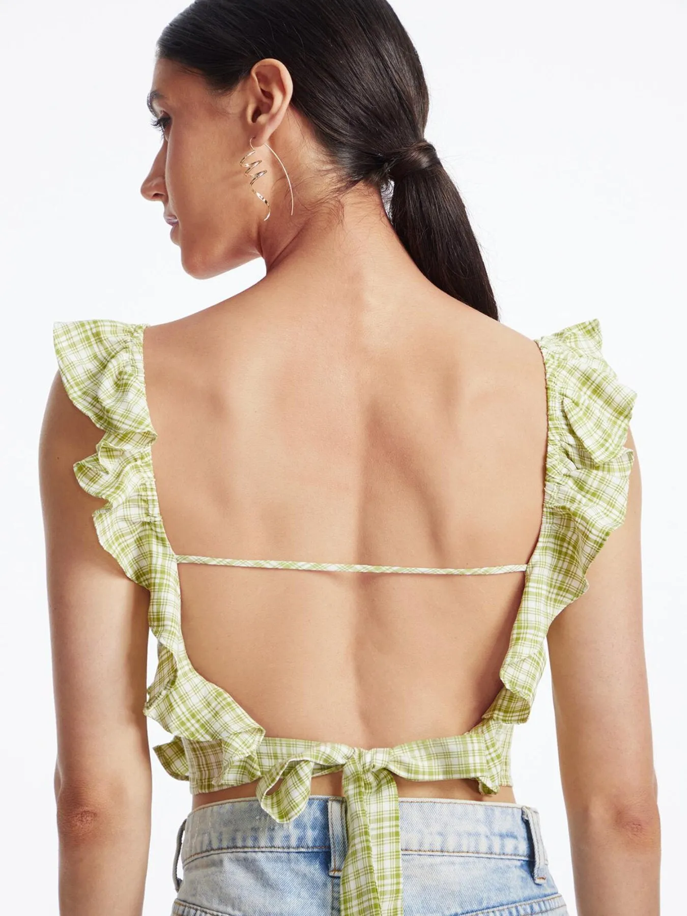 Plaid Backless Ruffle Tie Back Crop Top