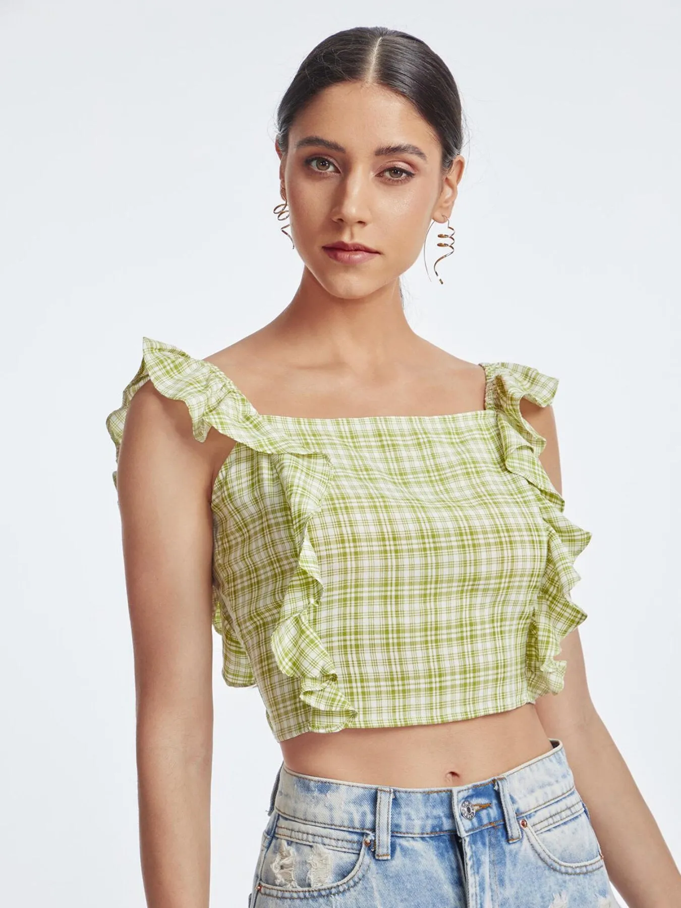 Plaid Backless Ruffle Tie Back Crop Top