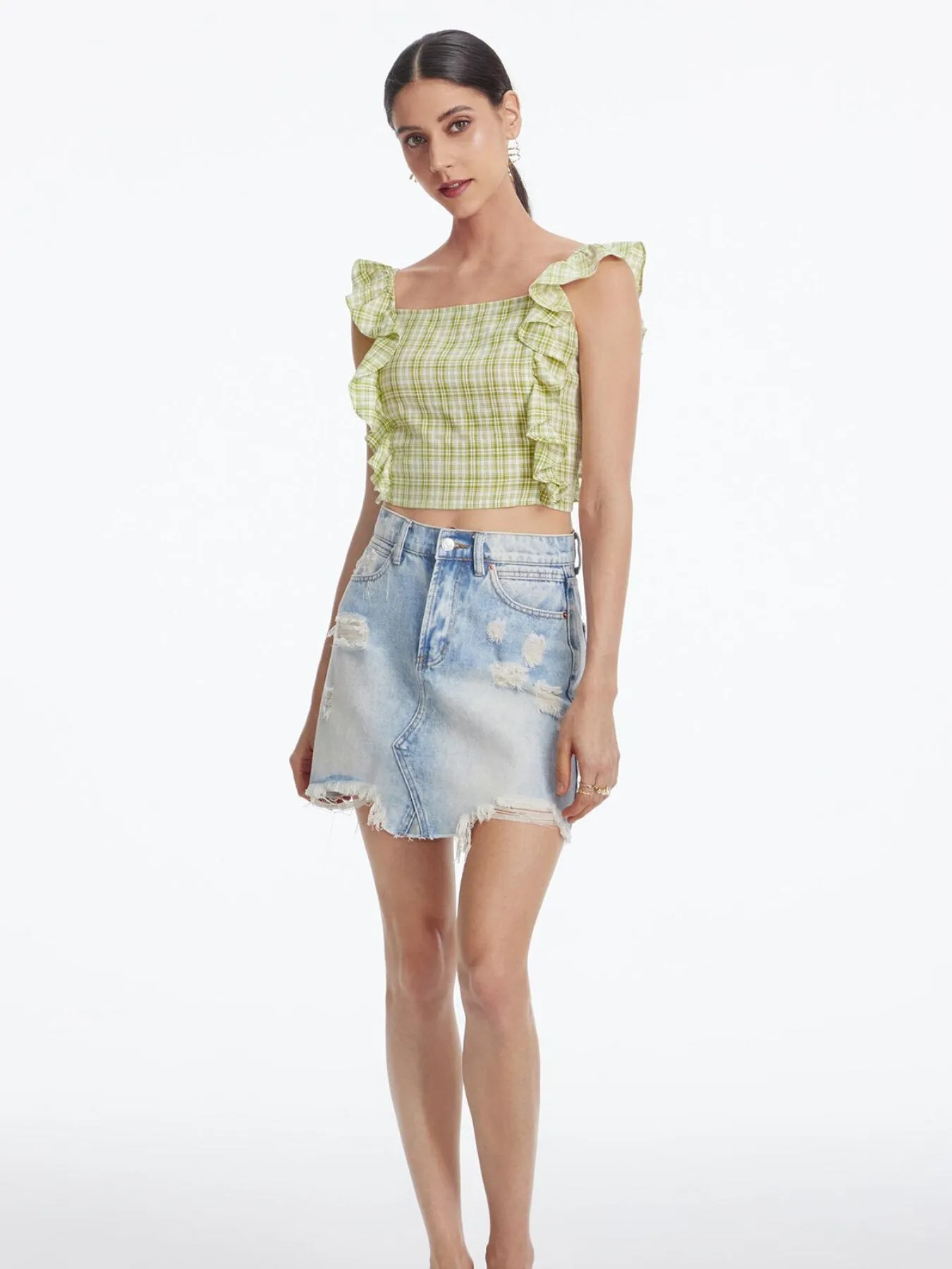 Plaid Backless Ruffle Tie Back Crop Top