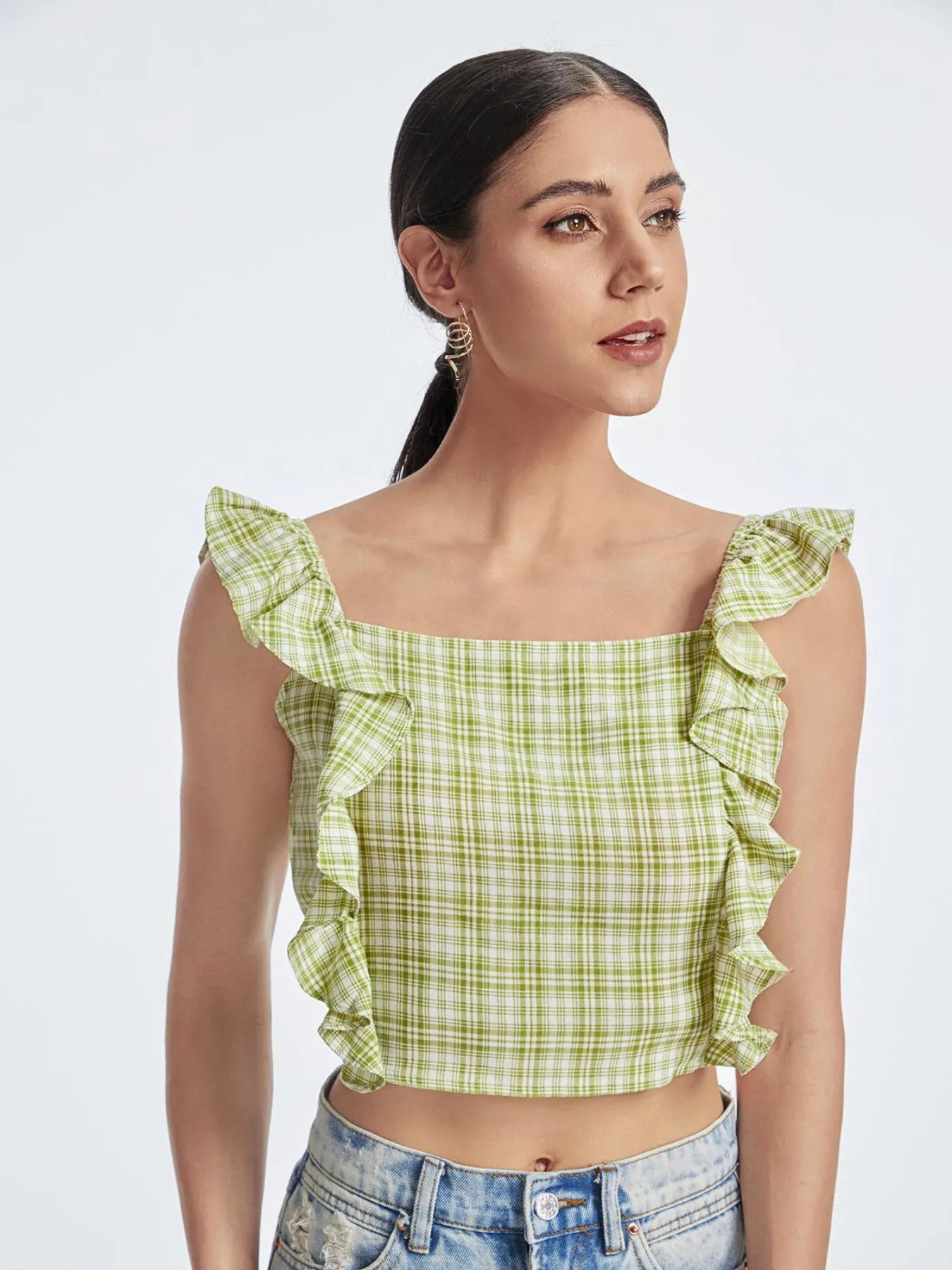 Plaid Backless Ruffle Tie Back Crop Top