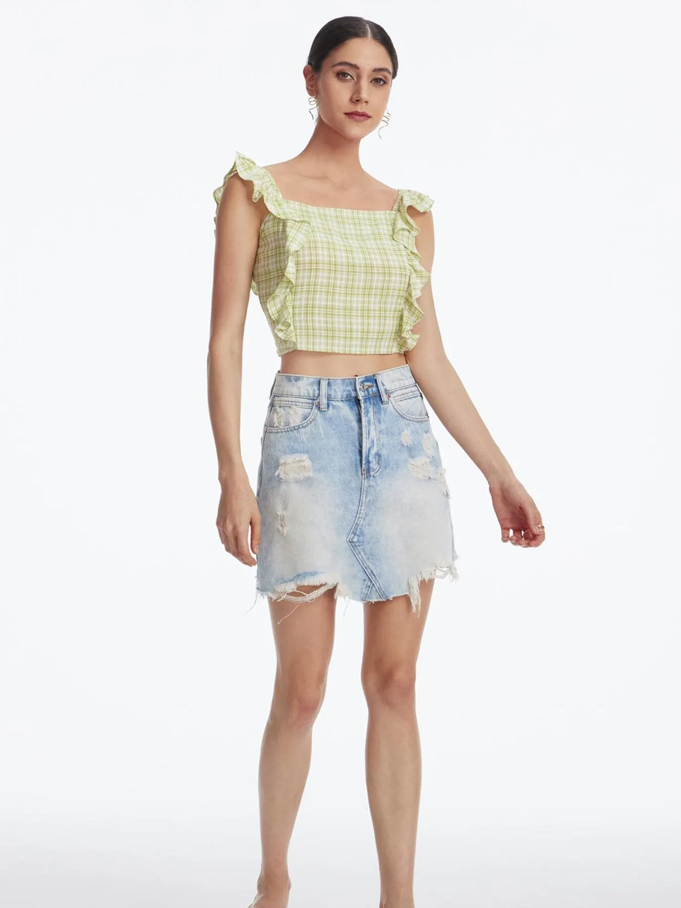 Plaid Backless Ruffle Tie Back Crop Top