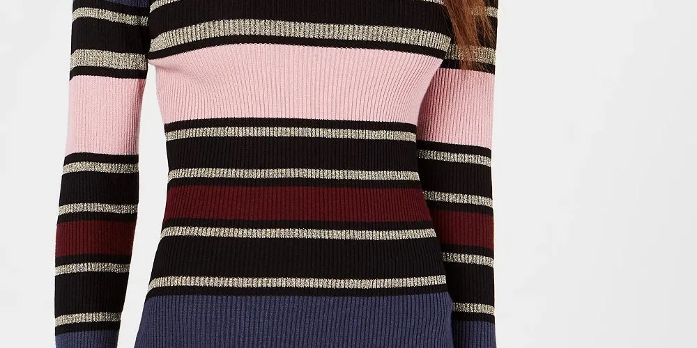 Planet Gold Women's Striped Long Sleeve Jewel Neck Short Body Con Dress Multi Size Large