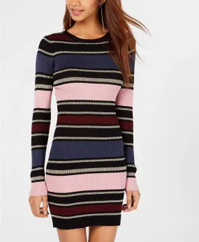 Planet Gold Women's Striped Long Sleeve Jewel Neck Short Body Con Dress Multi Size Large