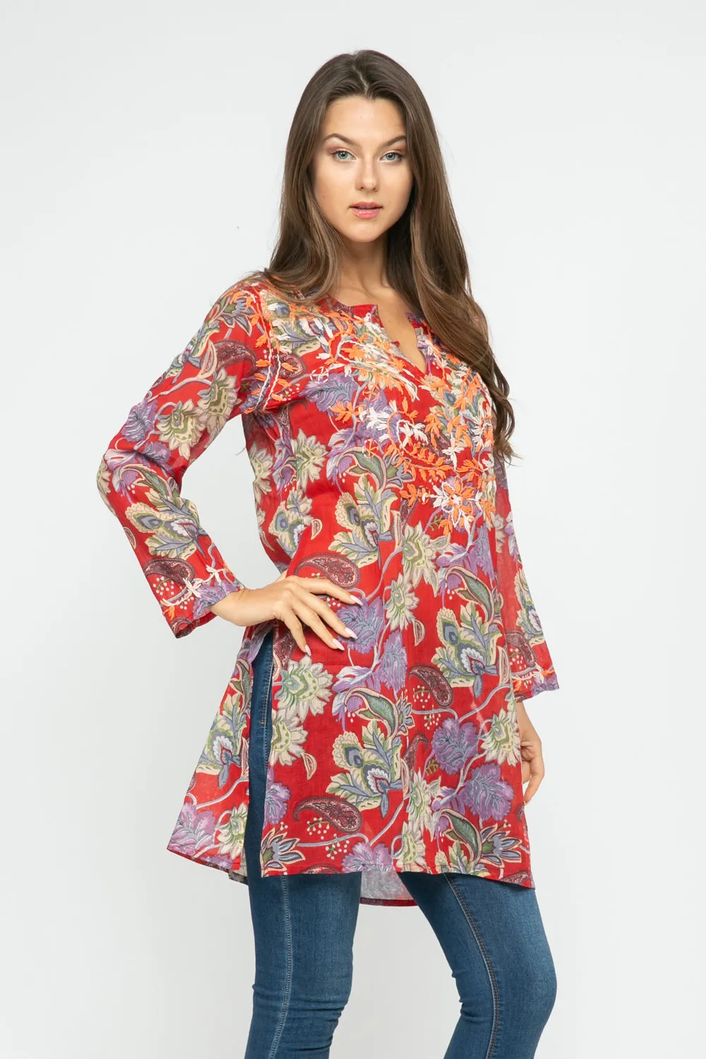 RAJ CARLYLE RED/MULTI PRINTED EMBROIDERED TUNIC