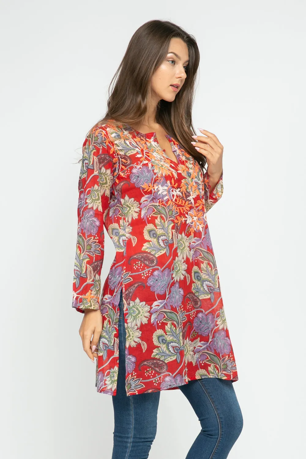 RAJ CARLYLE RED/MULTI PRINTED EMBROIDERED TUNIC