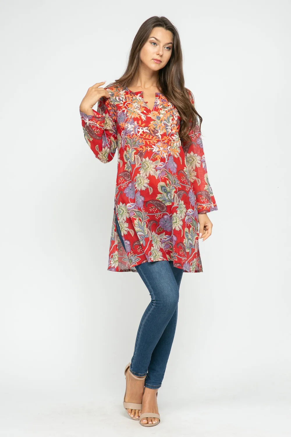 RAJ CARLYLE RED/MULTI PRINTED EMBROIDERED TUNIC