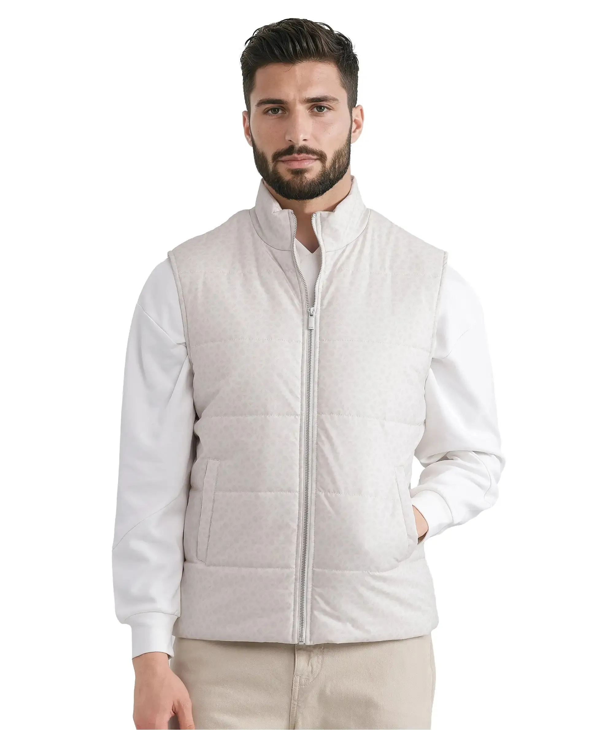 Rare Rabbit Men Darif White Polyester Fabric Sleeveless High Neck Collar Allover Monogram Gilet Jacket