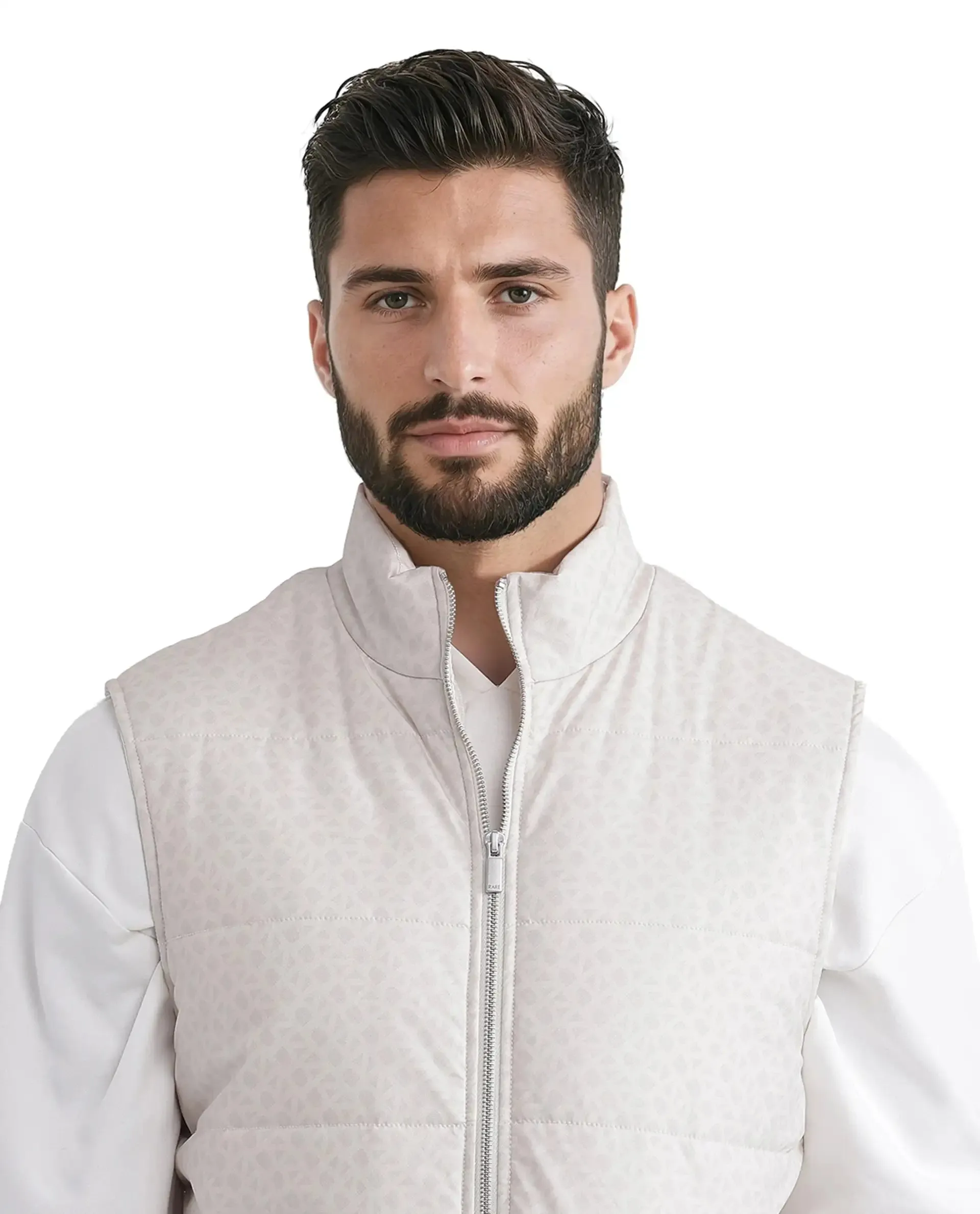 Rare Rabbit Men Darif White Polyester Fabric Sleeveless High Neck Collar Allover Monogram Gilet Jacket