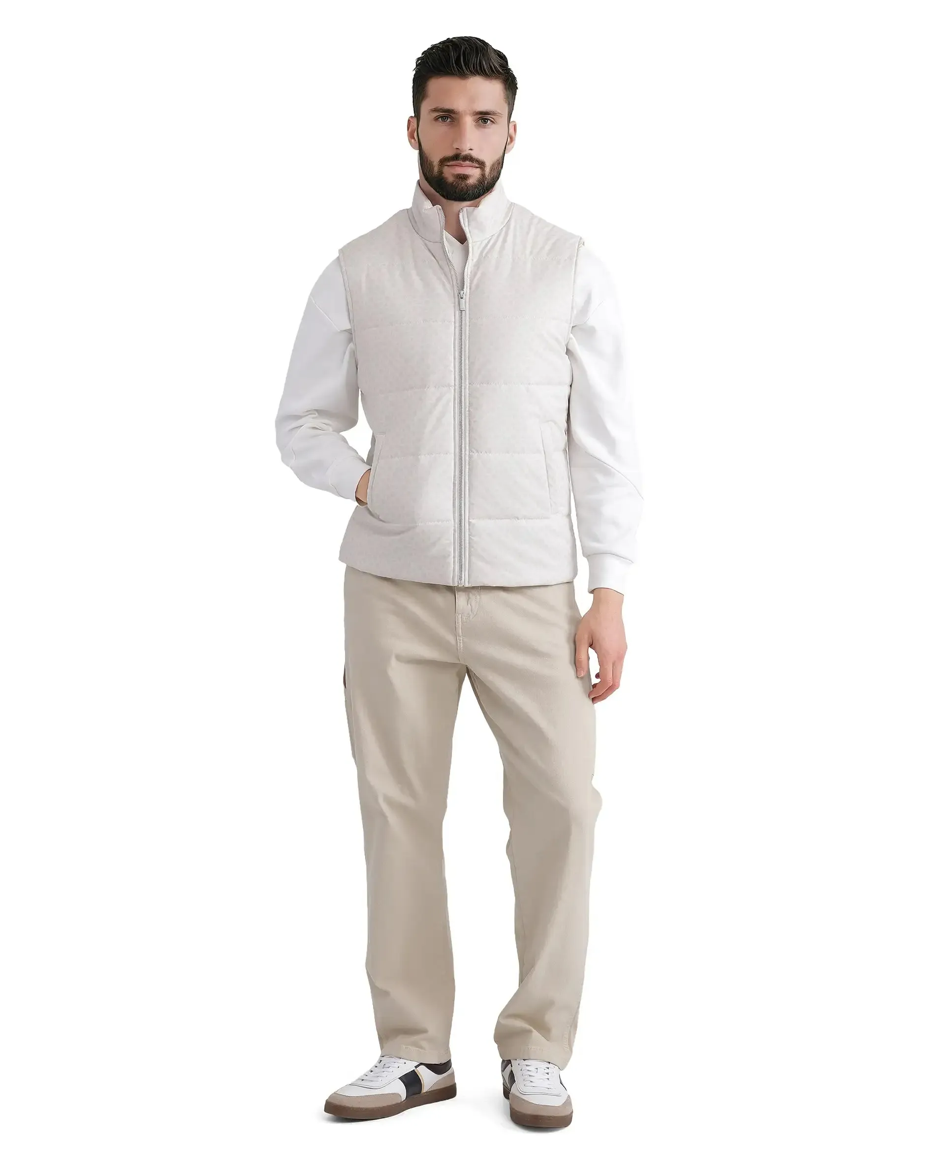Rare Rabbit Men Darif White Polyester Fabric Sleeveless High Neck Collar Allover Monogram Gilet Jacket