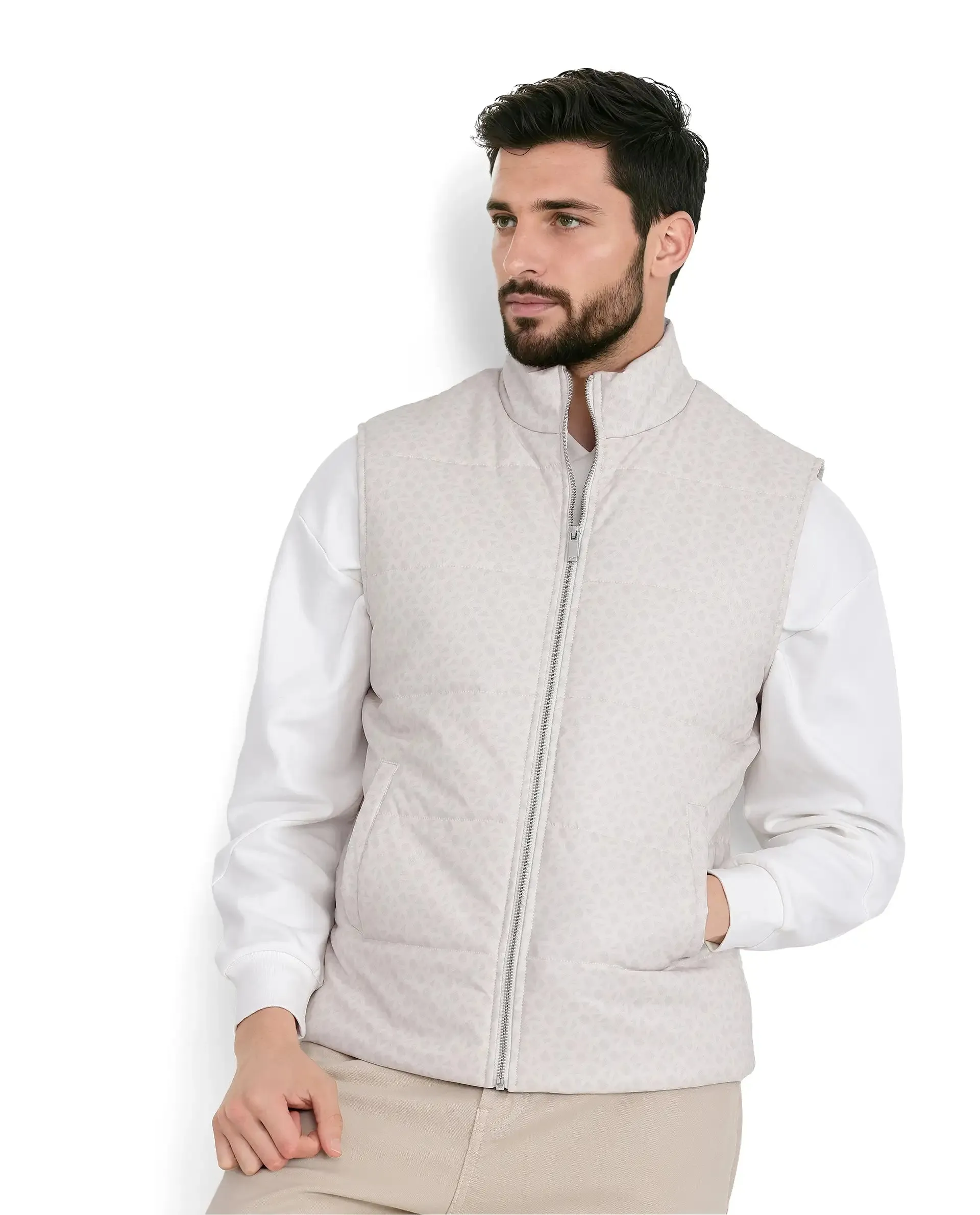 Rare Rabbit Men Darif White Polyester Fabric Sleeveless High Neck Collar Allover Monogram Gilet Jacket