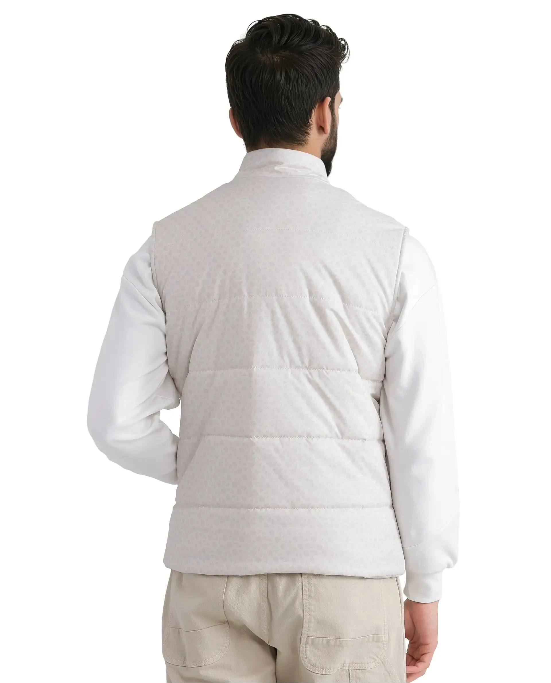 Rare Rabbit Men Darif White Polyester Fabric Sleeveless High Neck Collar Allover Monogram Gilet Jacket