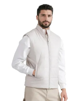 Rare Rabbit Men Darif White Polyester Fabric Sleeveless High Neck Collar Allover Monogram Gilet Jacket