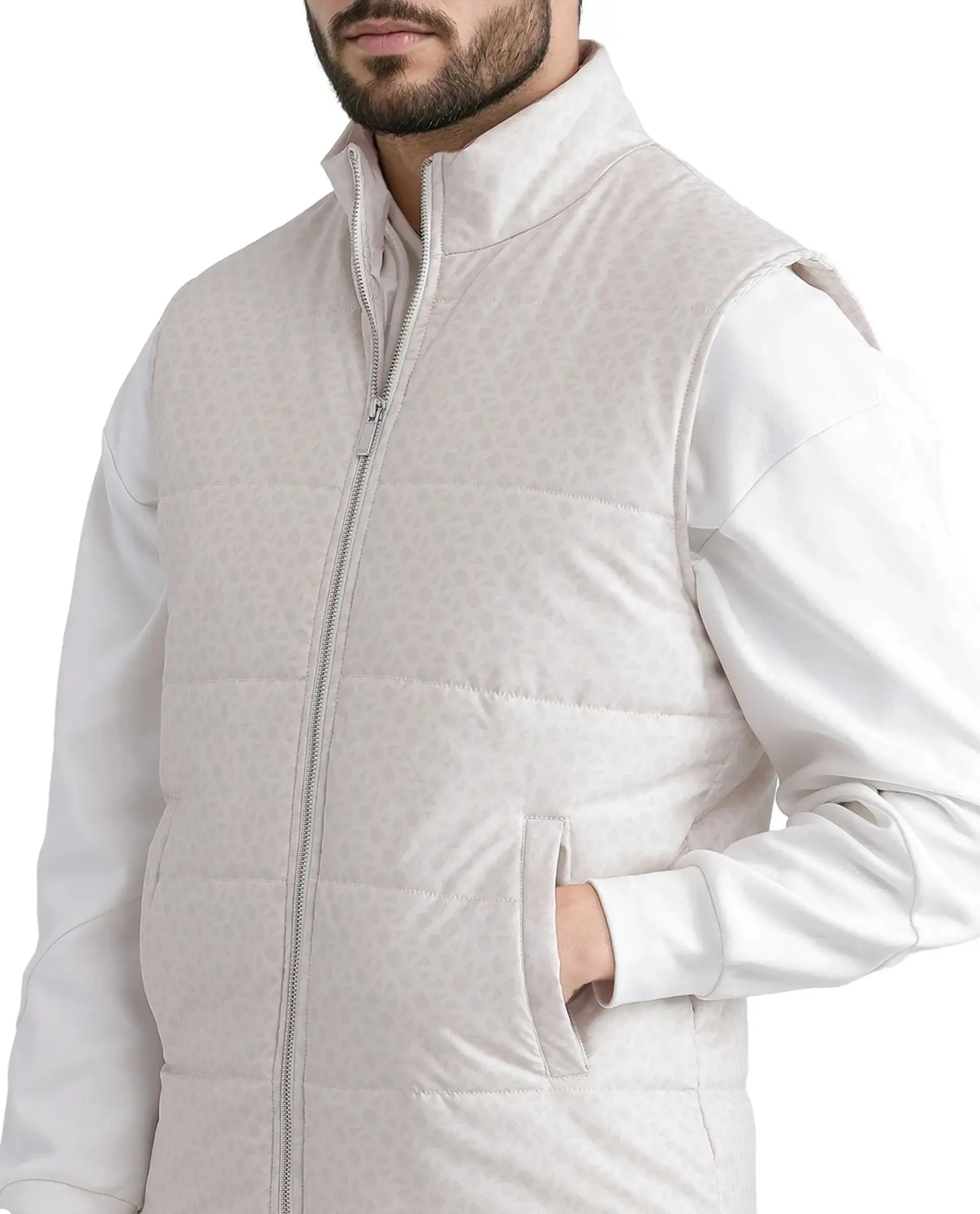 Rare Rabbit Men Darif White Polyester Fabric Sleeveless High Neck Collar Allover Monogram Gilet Jacket
