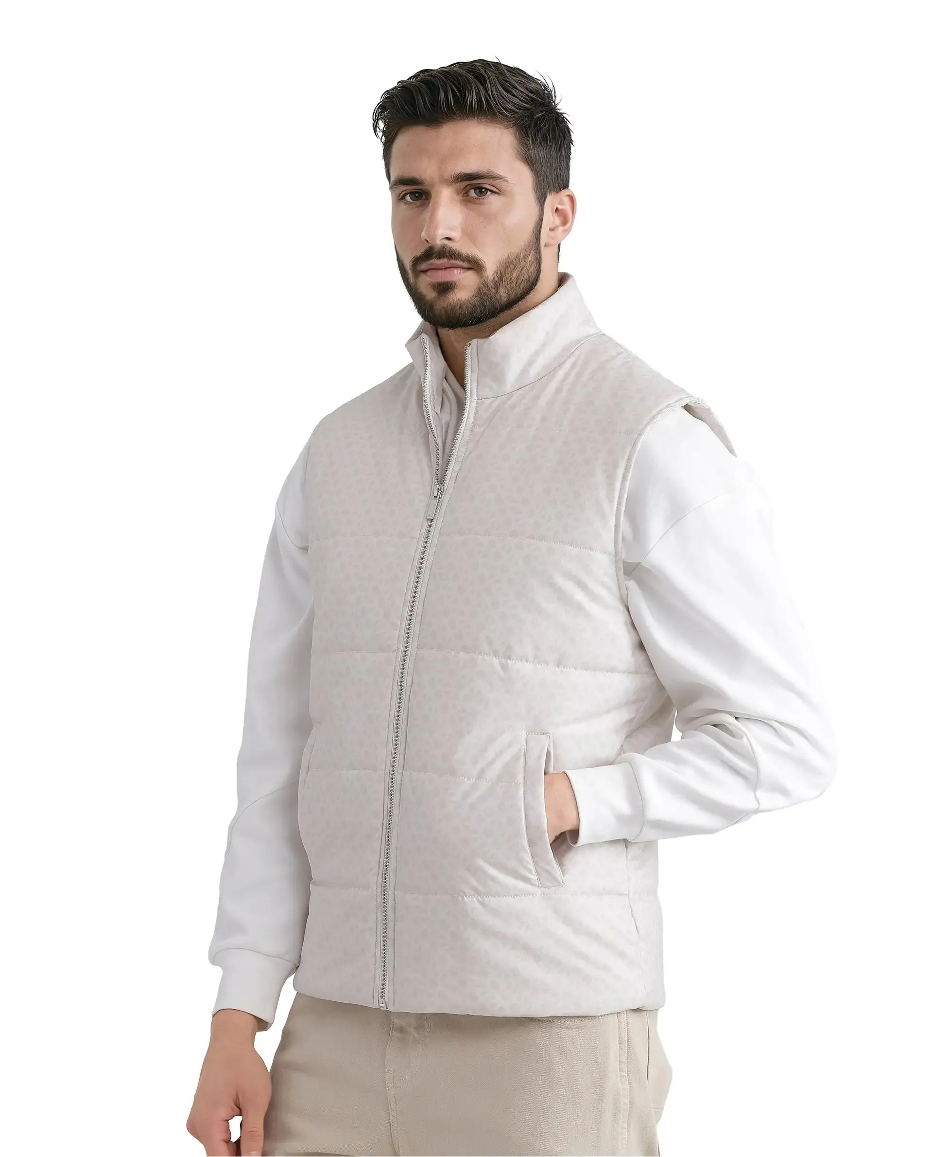 Rare Rabbit Men Darif White Polyester Fabric Sleeveless High Neck Collar Allover Monogram Gilet Jacket
