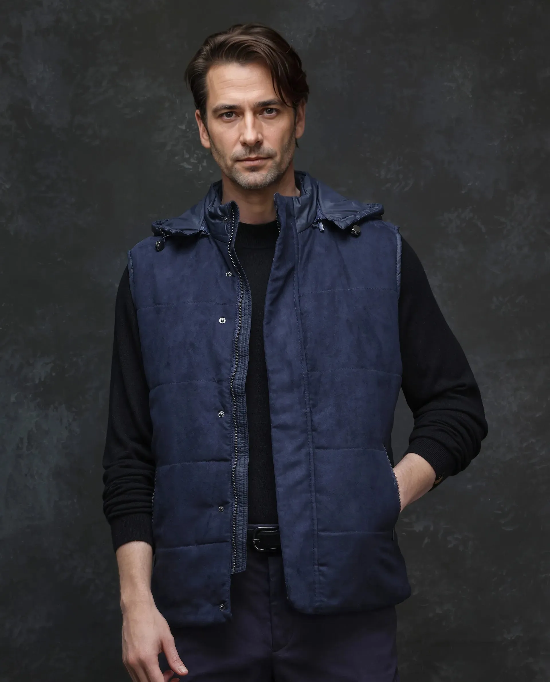 Rare Rabbit Men Raldo - 2 Navy Polyester Fabric Sleeveless High Neck with Detachable Hood Button and Zip Closure Plain Puffer Gilet Jacket