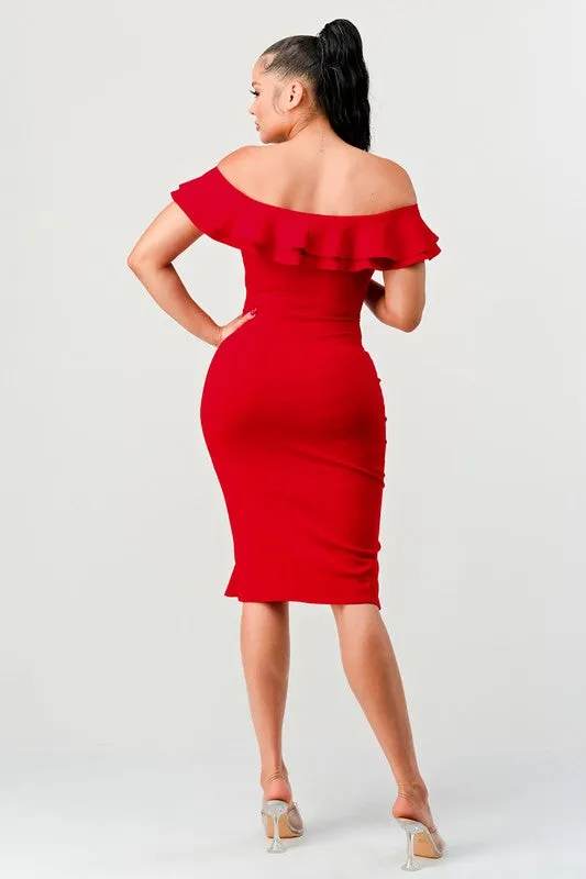 Red Off Shoulder Ruffle Trim Bodycon Dress