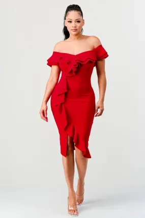 Red Off Shoulder Ruffle Trim Bodycon Dress
