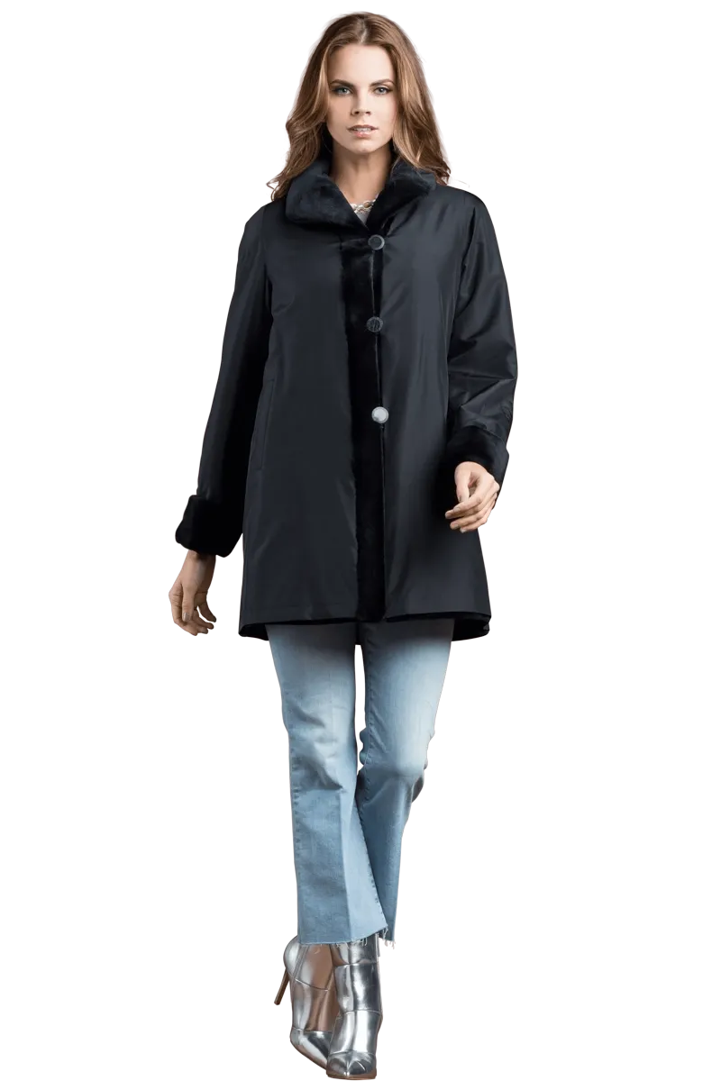 Reversible Sheared Mink Mid-Length Fur Coat - Wing Collar - TB Cuff