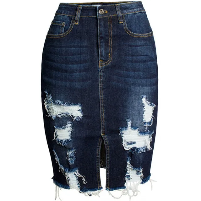 Ripped Bodycon Denim Skirts Women Midi Pencil Skirt Wrap Jeans Skirt