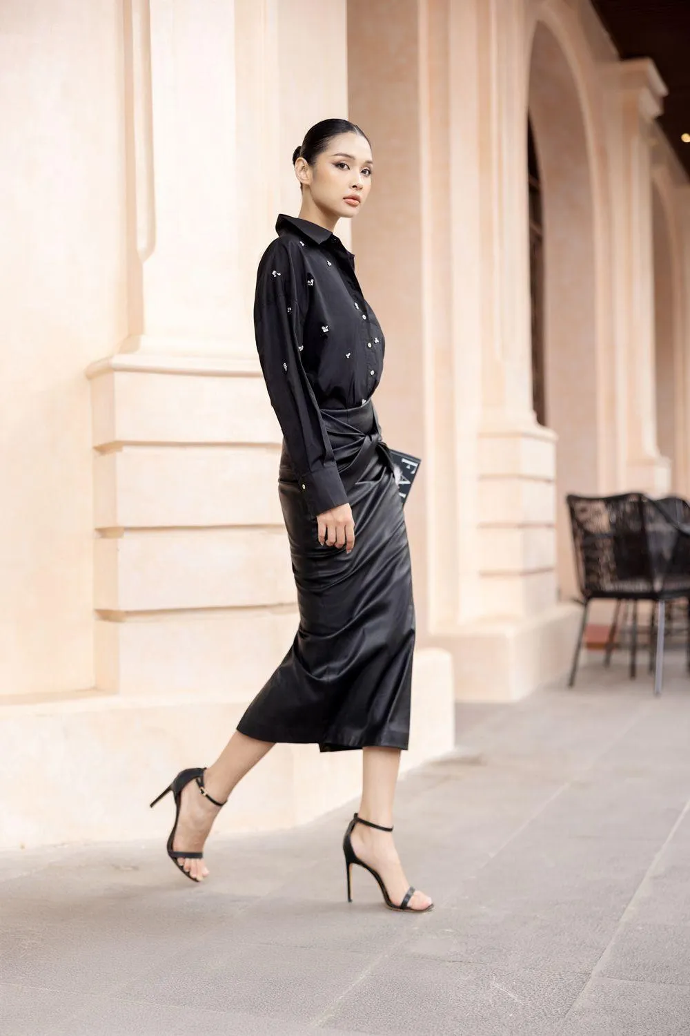 Rishima Pencil Twisted Leather Midi Skirt