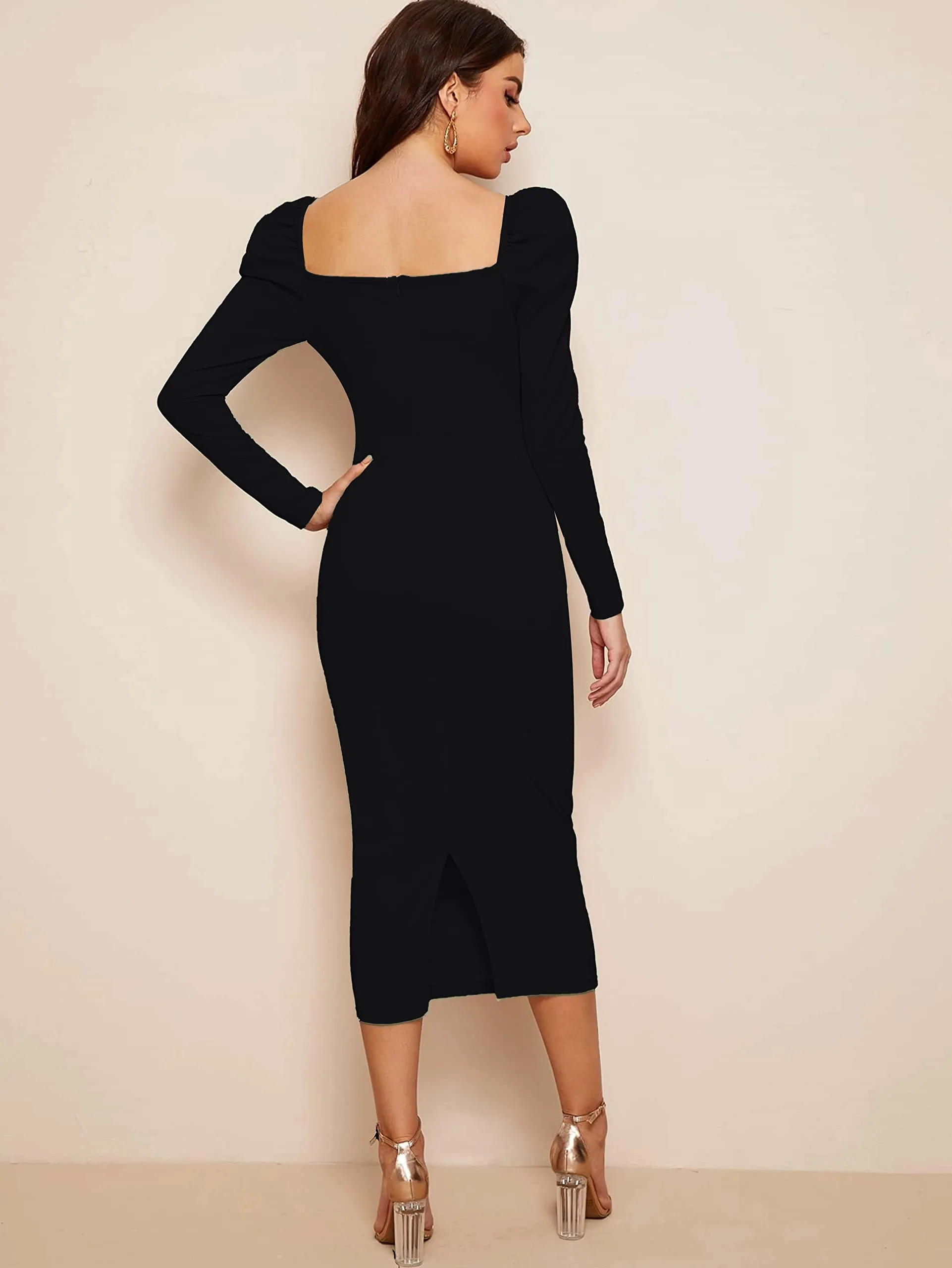 rosery paris Women's MIDI Bodycon Dress One Piece Dress for Women (Black, Small)