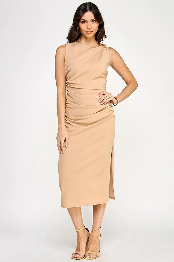 ruched twisted strap sleeveless midi dress