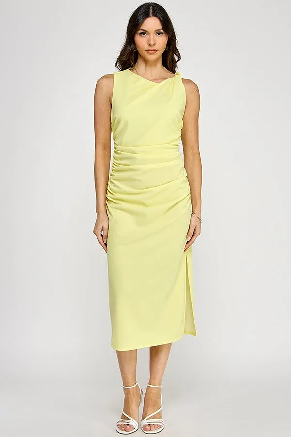 ruched twisted strap sleeveless midi dress