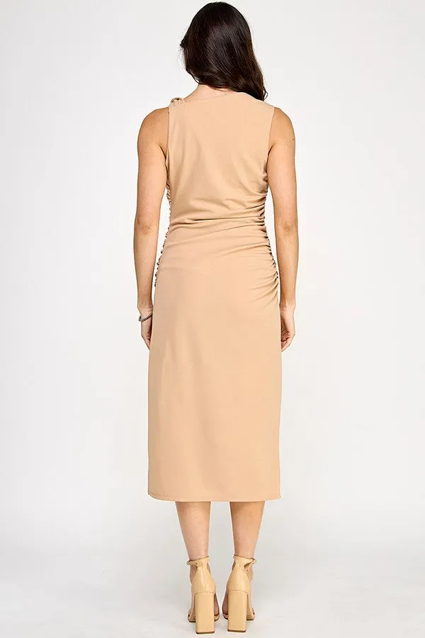 ruched twisted strap sleeveless midi dress