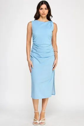 ruched twisted strap sleeveless midi dress