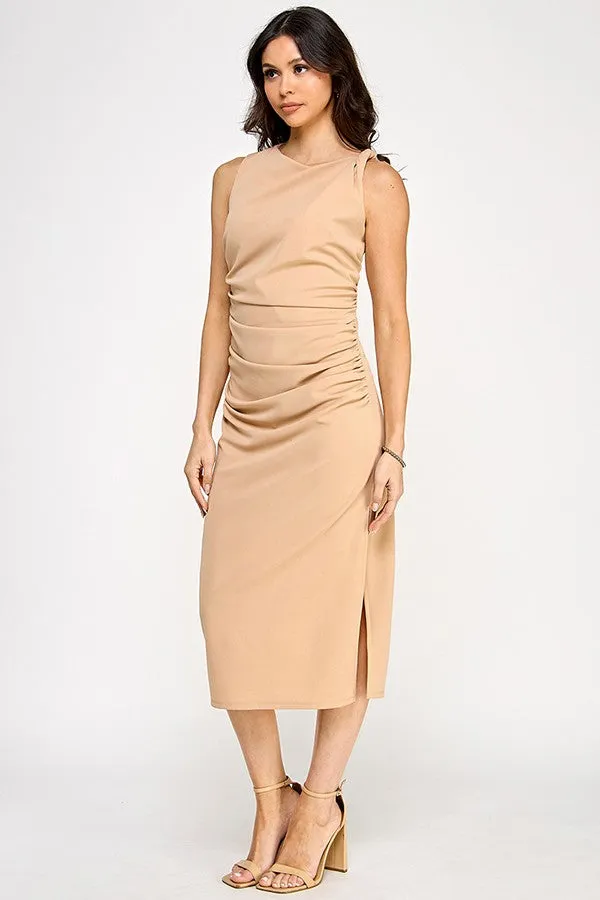 ruched twisted strap sleeveless midi dress