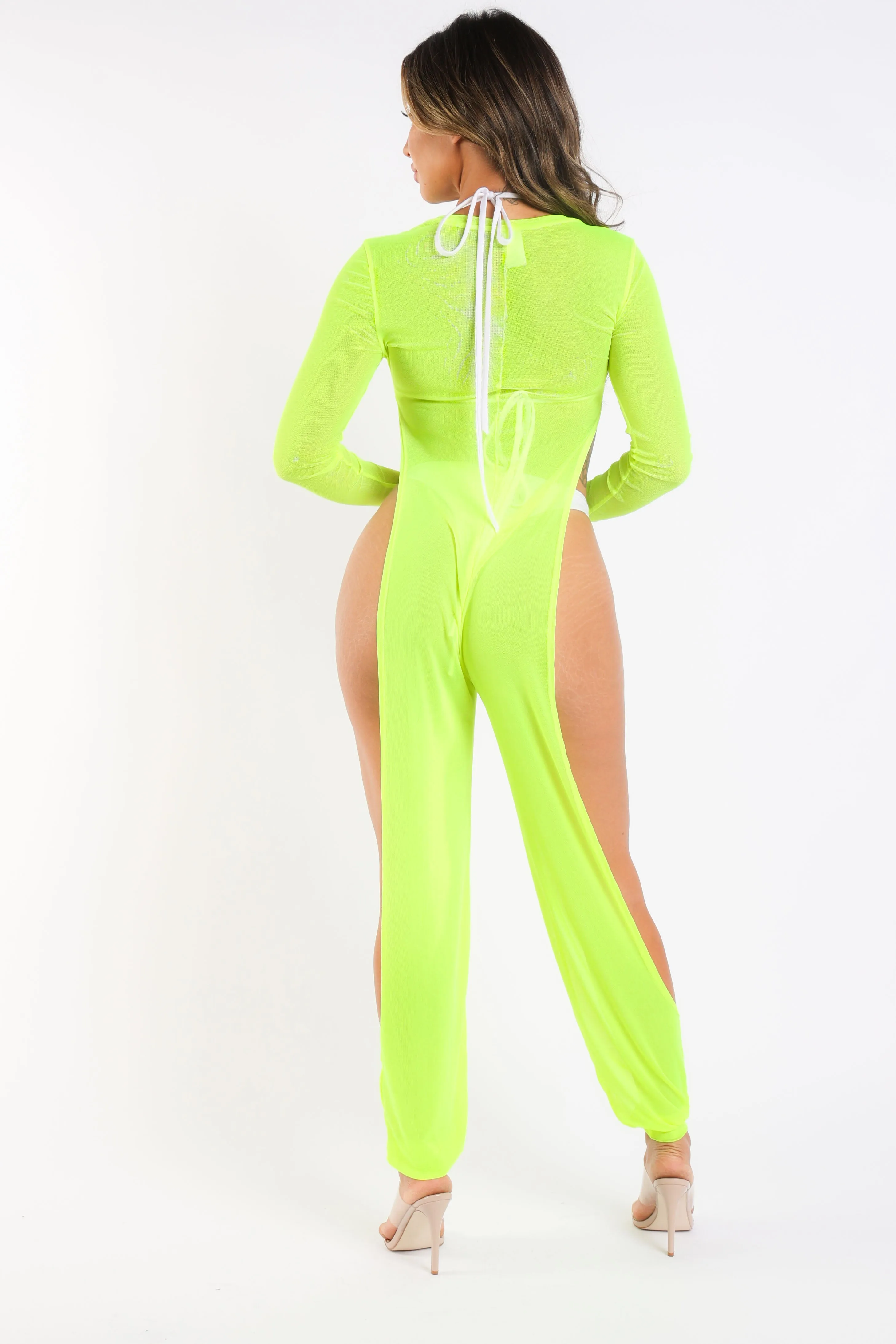 Sexy Mesh Cover Up Jumpsuit Summer Bodycon Beachwear NEON YELLOW