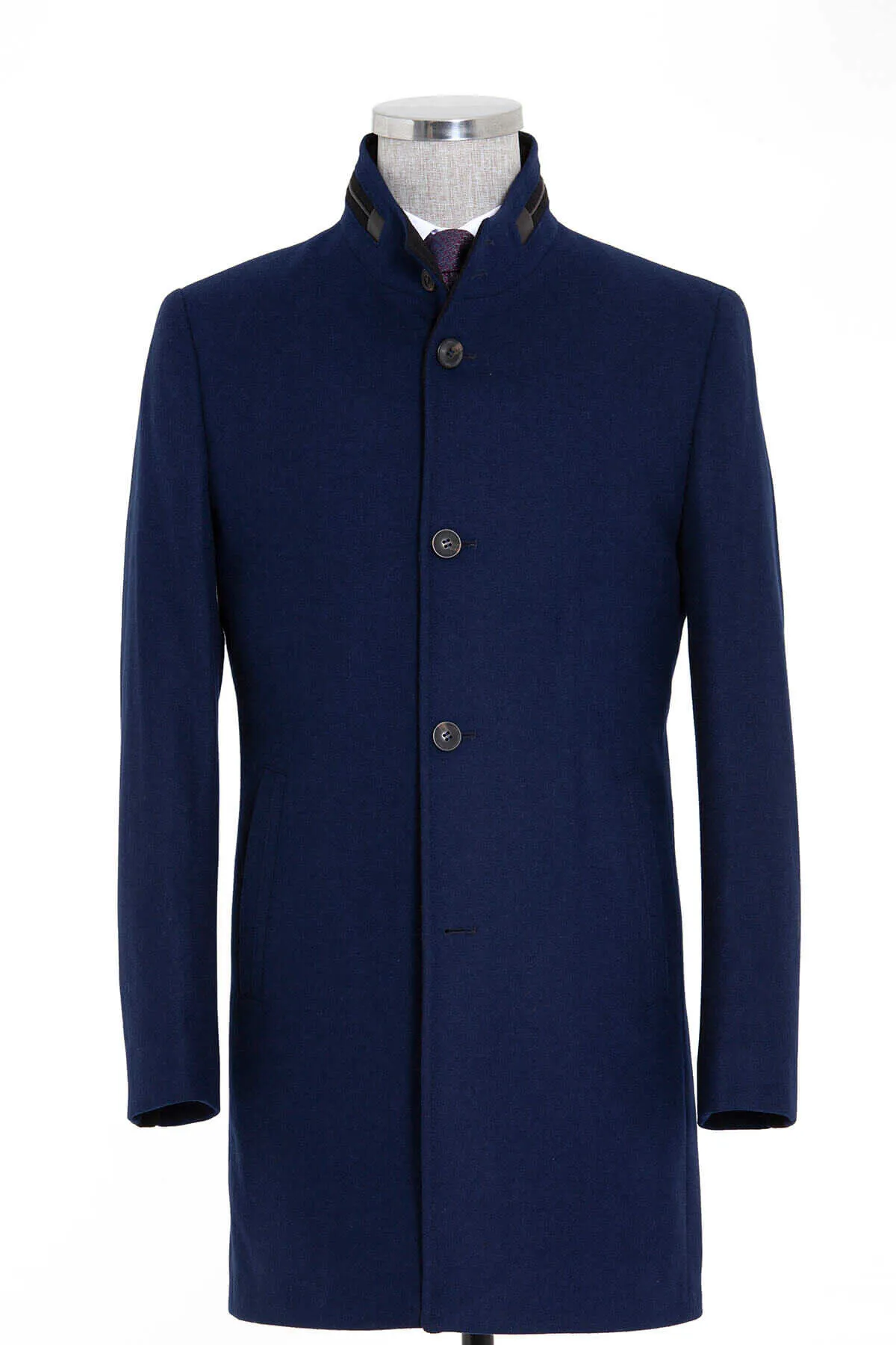 Slim Fit Notch Lapel New Terra Wool Navy Overcoat, Navy